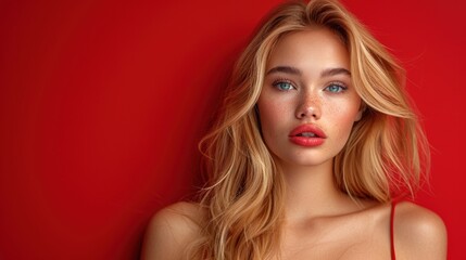 Obraz premium Young woman with blonde hair and striking blue eyes posing against a vibrant red background in a studio setting