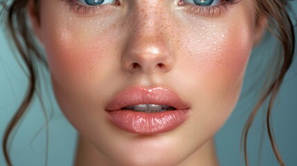 Young woman with striking blue eyes and natural makeup against a soft blue background