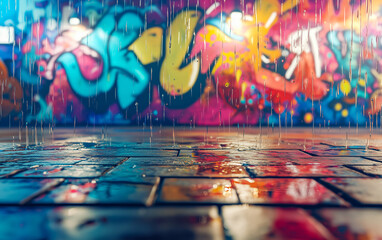 Raindrops cascade down a vibrant graffiti wall, reflecting colorful splashes onto a glistening...