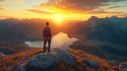Fototapeta premium Silhouetted against the vibrant sunset, a person stands on a rocky outcrop, gazing over the serene lake surrounded by majestic mountains