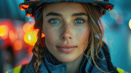 Young female firefighter in a helmet smiles confidently at a fire scene in the evening light
