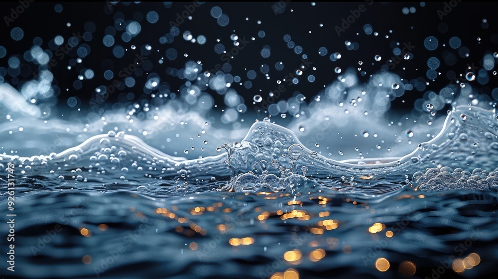 Poster A complete view of a water wave in motion with bubbles forming and scattering, capturing the fluid dynamics and sparkling effect, isolated on a dark background. Generative AI.