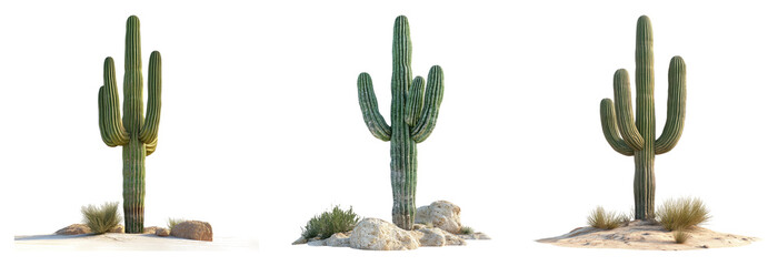 Three tall cacti isolated on transparent background