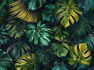 Mystical Jungle: Exotic Leaves on Dark Background Wallpaper