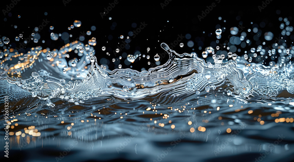Poster A complete view of a water wave in motion with bubbles forming and scattering, capturing the fluid dynamics and sparkling effect, isolated on a dark background. Generative AI.