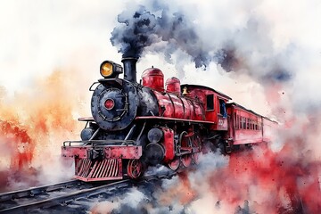 Watercolor Painting of a Vintage Red Steam Train with Smoke and Clouds.