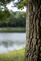 Obraz premium Standing next to a tree in a tranquil landscape, embracing the harmony and splendor of the natural world around me.
