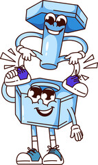 Groovy bolt and nut cartoon characters playing. Funny retro metal mechanic tools with happy faces, construction hardware mascot, cartoon screw and nut sticker of 70s 80s style vector illustration