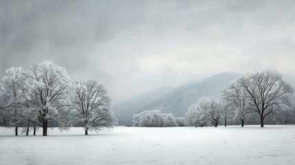 Fototapeta premium Winter landscape art showcases a snow-draped field with skeletal trees and a gentle, subdued color scheme, evoking a tranquil and harmonious winter atmosphere.