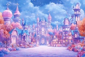 Fototapeta premium Enchanting Watercolor Fantasy Town Under a Starry Sky.
