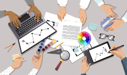 Image showing multiple hands collaborating on a creative project with laptops, tablets, and design tools on a desk. Concept of teamwork and creativity. Vector illustration