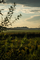 View of the field in the evening in the village. The clouds