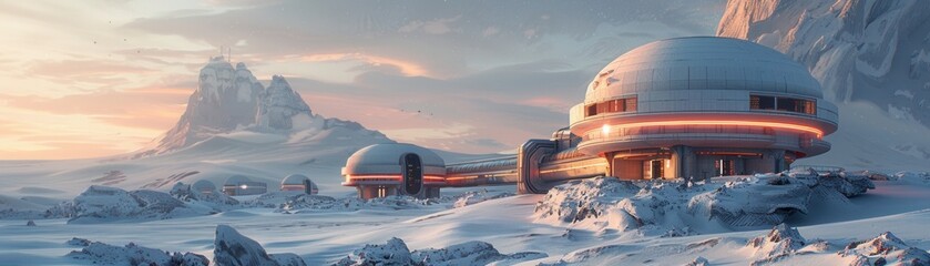 Obraz premium Futuristic Antarctic research base with dome-shaped buildings in a snowy landscape, bathed in warm sunlight against a mountain backdrop.