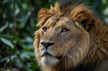 Obraz premium Portrait of a Strong Male Lion in Lush Forest