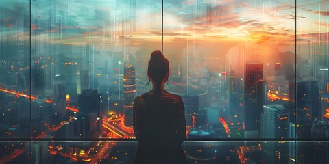 Successful Businesswoman Reflecting on City Skyline From High Rise Office at Sunset