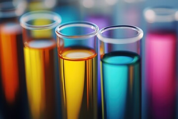 Close-up of vibrant colored liquids in laboratory test tubes