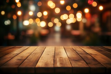 Empty wooden table top with lights bokeh on blur restaurant background , ai