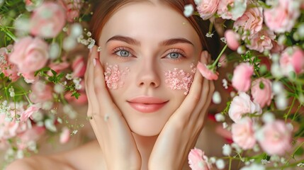 Obraz premium Beautiful young woman with clean fresh skin touching her face in flowers, girl facial treatment
