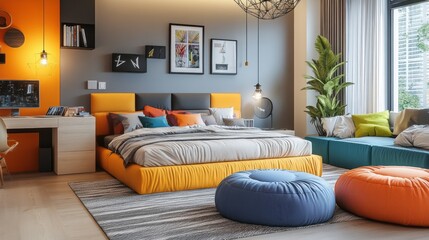 A cozy teenage bedroom features a mix of vibrant colors, a stylish bed, and creative decor. Sunlight streams through large windows, enhancing the inviting atmosphere