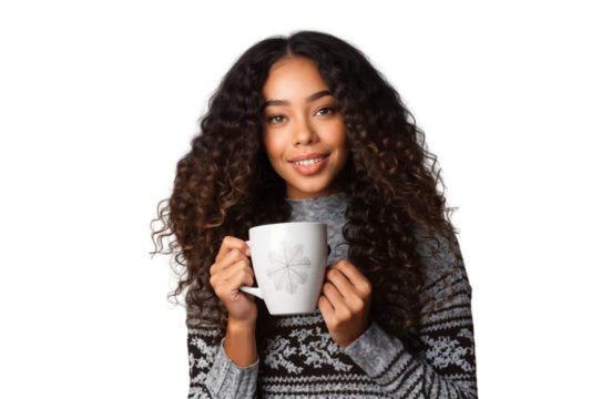 Portrait of a smiling woman holding a cup of coffee, isolated on transparent background