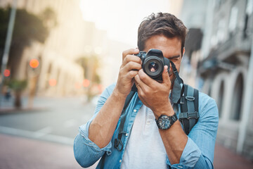 Photographer, paparazzi and man with camera, memory and travel with creativity, vacation and urban explore. Male person, journey and city journalist for photography, research and tourism adventure
