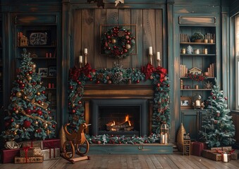 vintage Christmas backdrop with a wooden wall, fireplace and Christmas tree, wreath, rocking horse, presents under the tree, candles on a shelf, a large gold picture frame hanging above the fireplace.