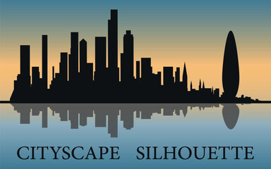 Obraz premium Silhouettes the city skyline . The sunset of the day. Houses and buildings. Vector on blue background 