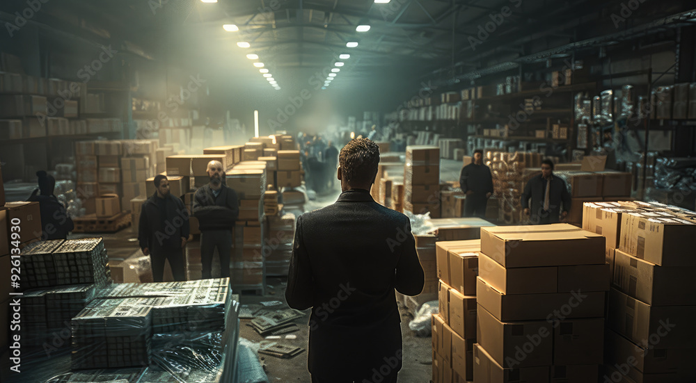 Poster a scammer in a warehouse counting cash while gangsters are in the background. generative ai.