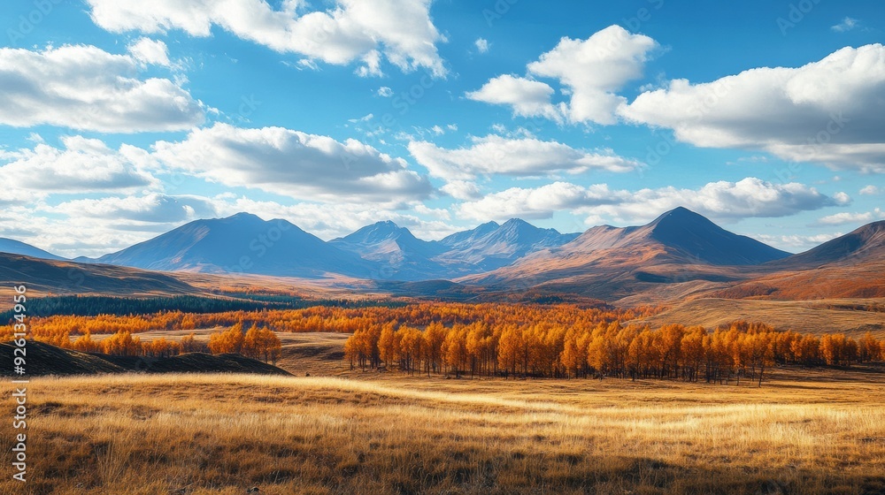 Poster A field with a mountain range in the background, AI