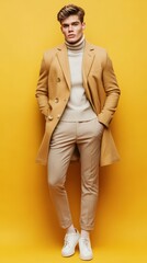 A young man models a fashionable outfit, showcasing a warm coat and shoes against a yellow background