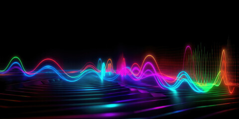 Fototapeta premium Colorful Neon Waves on a Black Background. Glowing Curve Lines on a Black Backdrop. Sound Waves, Abstract Background
