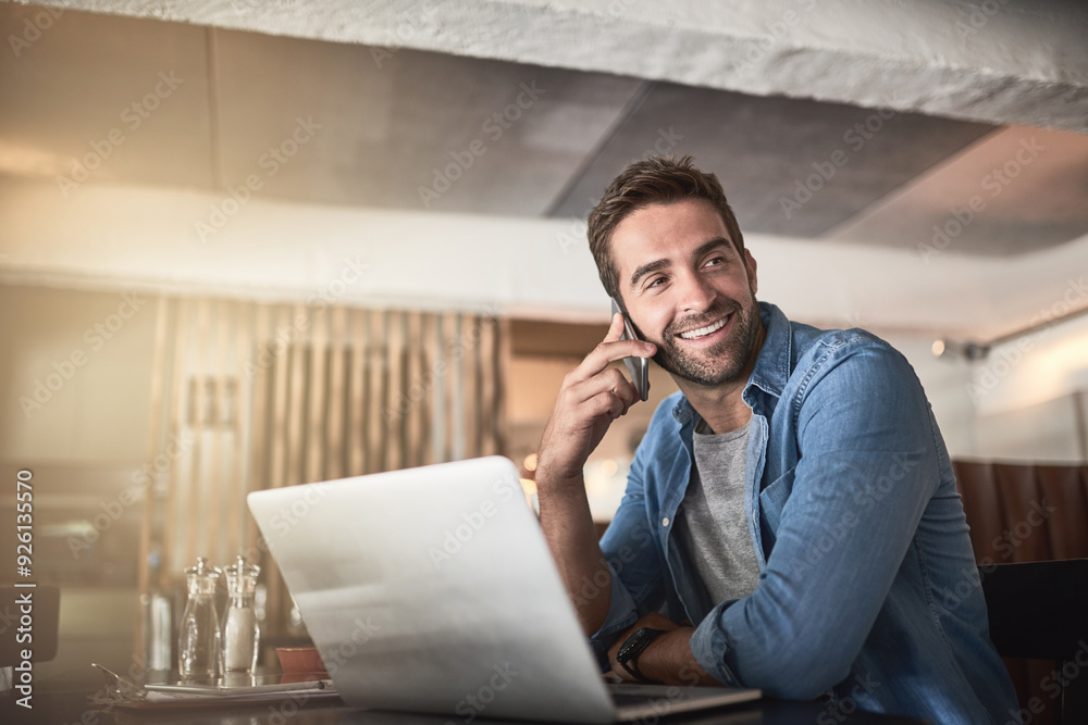 Poster laptop, phone call and remote work with man in coffee shop for communication or networking. computer