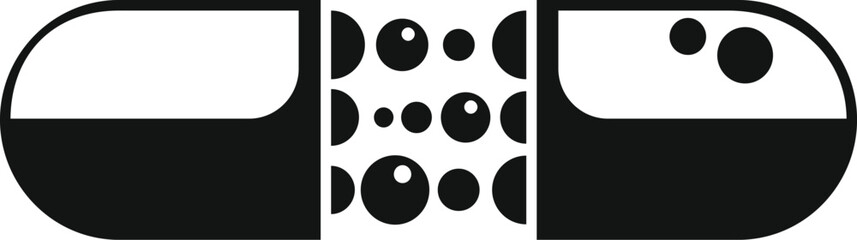 Black open capsule icon representing a dissolving medicine, symbolizing healthcare and medication