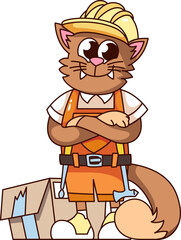 Groovy cat builder cartoon character with helmet and overalls. Funny retro smiling cat in workman uniform and hardhat, construction mascot, cartoon sticker of 70s 80s style vector illustration