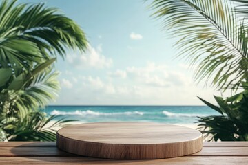 Summer product display on wooden podium at sea tropical beach with generative ai