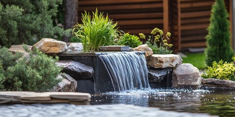 outdoor home modern water feature fountain waterfall as wide banner with copy space area for garden landscape design concepts. Generative ai