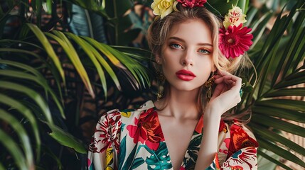 Fototapeta premium Fashion model, young woman posing with vogue summer leaves, flower pattern dress, studio shot