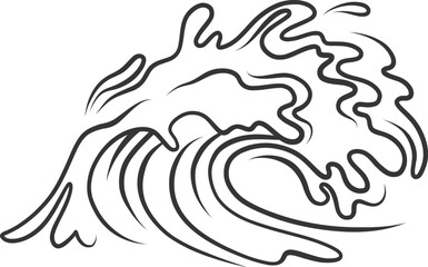Sea or ocean wave with saltwater splashes icon, doodle tsunami surge. Retro simple wild storm surf motion and wind. Nature, seascape mascot, hand drawn big wave contour icon vector illustration