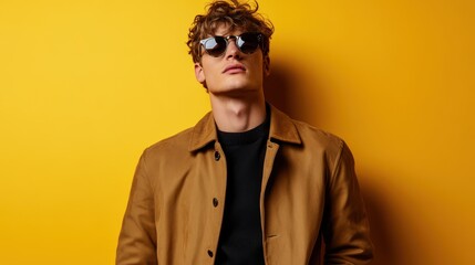 Obraz premium A young man stands against a vibrant yellow wall, exuding style with sunglasses and a casual jacket