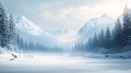 Obraz premium Frozen Serenity: A tranquil winter wonderland unfolds, where snow-capped mountains rise above a pristine frozen lake, their peaks kissed by the ethereal glow of dawn.