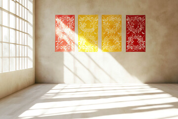 Three framed pictures hang on a wall in an empty room. Generated by AI.