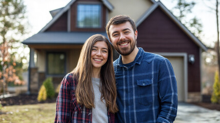 Naklejka premium Happy Couple in Front of Their New Home