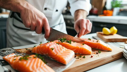 Chef cutting fresh salmon fillet on wooden board on white table over white kitchen