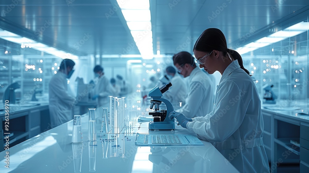Aufkleber a nanotechnology lab featuring a cleanroom environment, researchers handling nano-materials, and adv