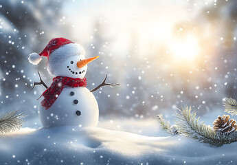 Merry christmas and happy new year greeting card with copy-space.Happy snowman standing in christmas landscape.Snow background.Winter fairytale.