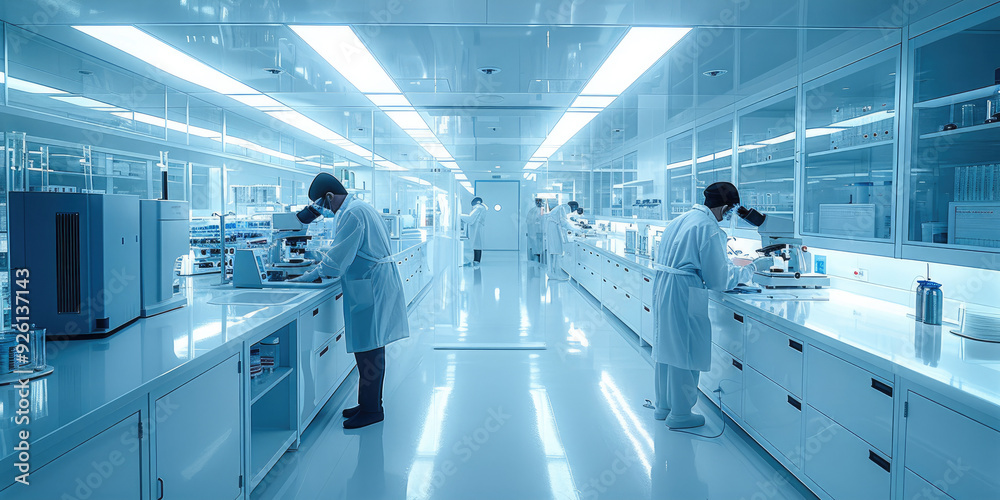 Poster A nanotechnology lab featuring a cleanroom environment, researchers handling nano-materials, and advanced microscopes for observing nano. Generative AI.
