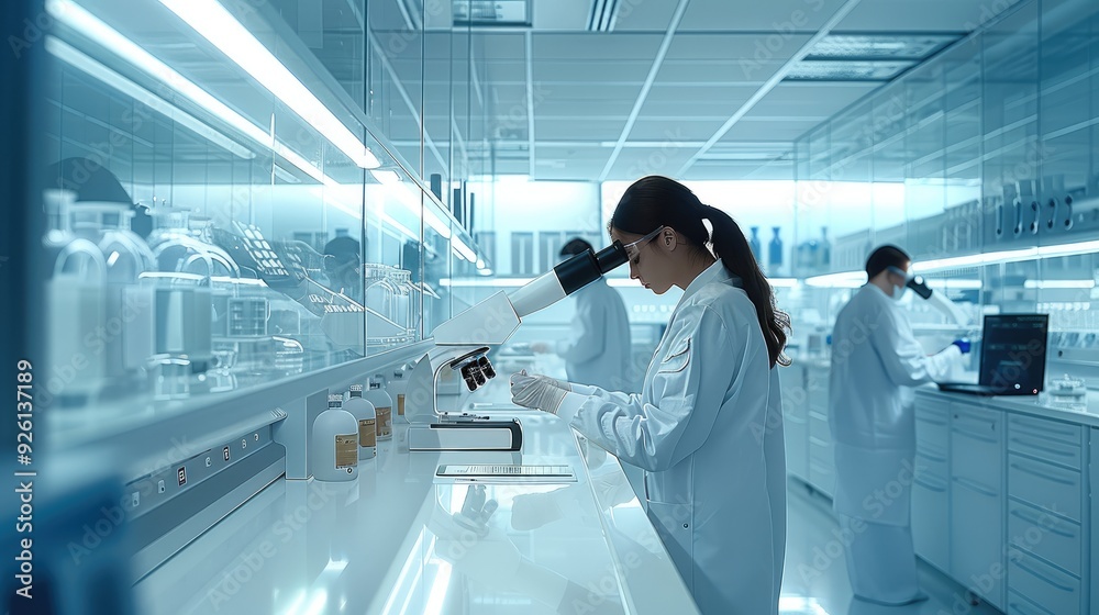Aufkleber a nanotechnology lab featuring a cleanroom environment, researchers handling nano-materials, and adv