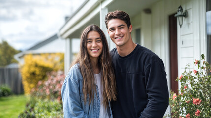 Naklejka premium Happy Couple in Front of Their New Home