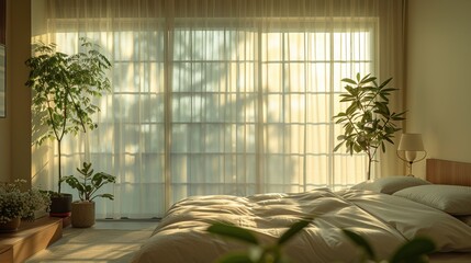 Cozy Bedroom with Soft Morning Light and Indoor Plants