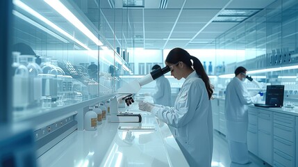 A nanotechnology lab featuring a cleanroom environment, researchers handling nano-materials, and advanced microscopes for observing nano. Generative AI.